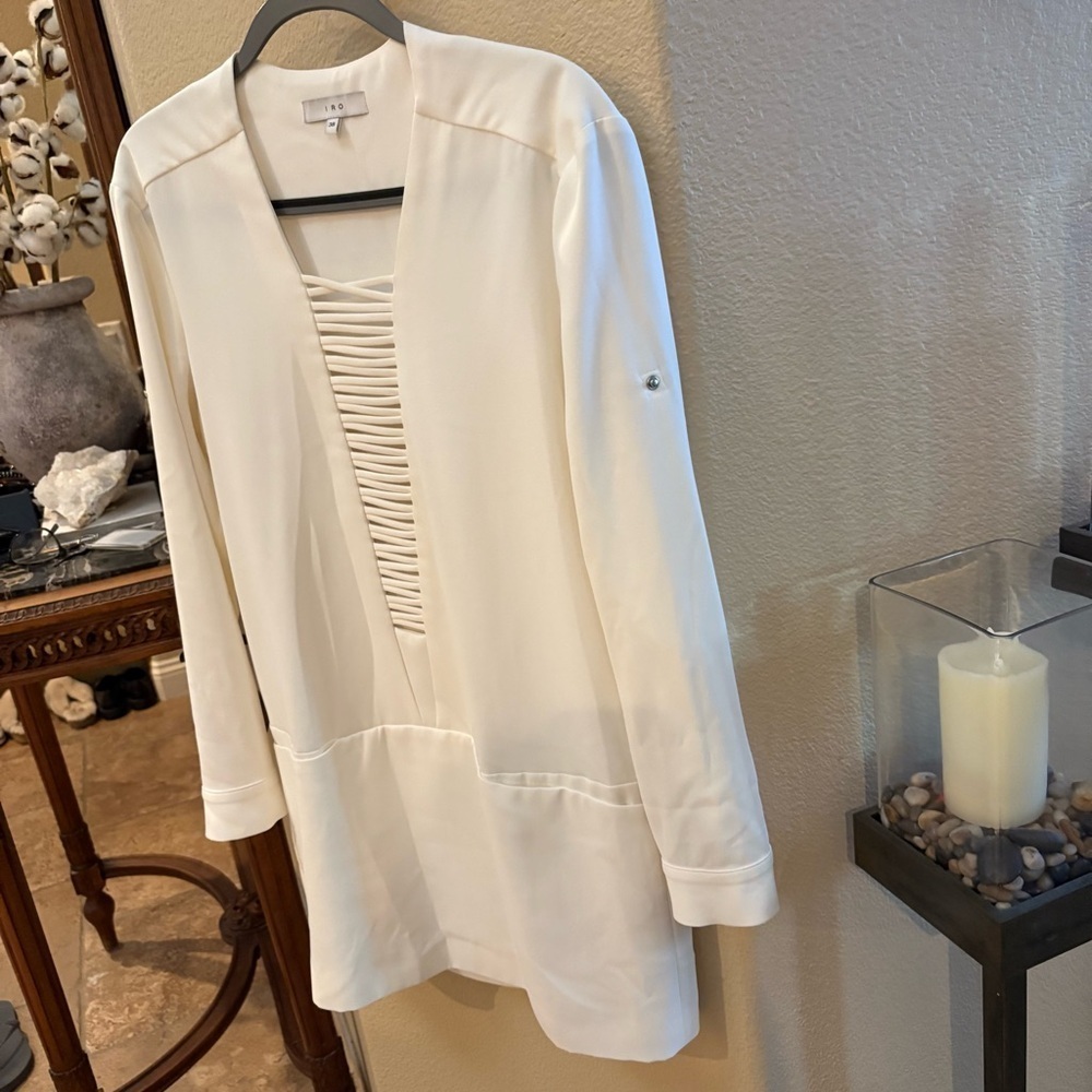 IRO Women White Odriane Front Cross Fold Up Cuffs Lined Mini Dress Size 38 - Picture 3 of 7